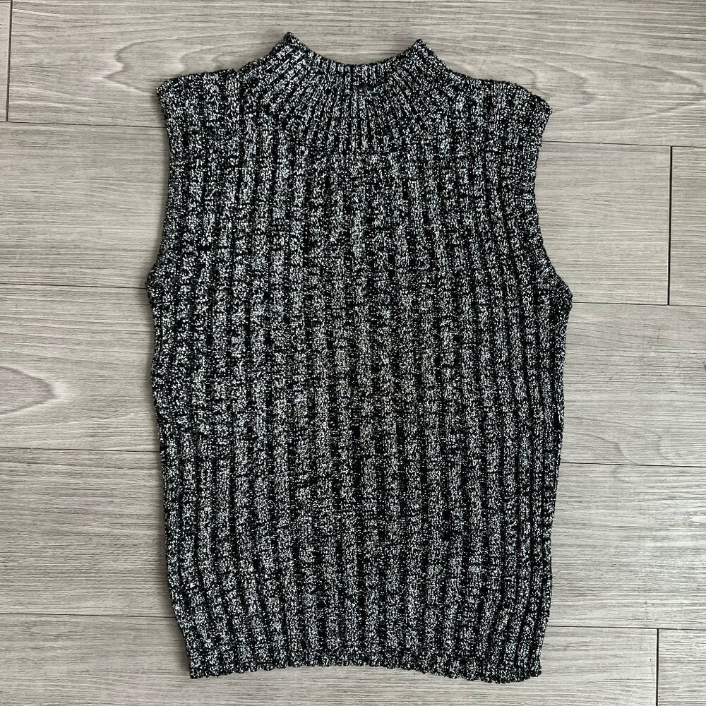 90s Metallic Silver Black Mock Neck Sweater Vest Silk Blend Knit Vintage Size M